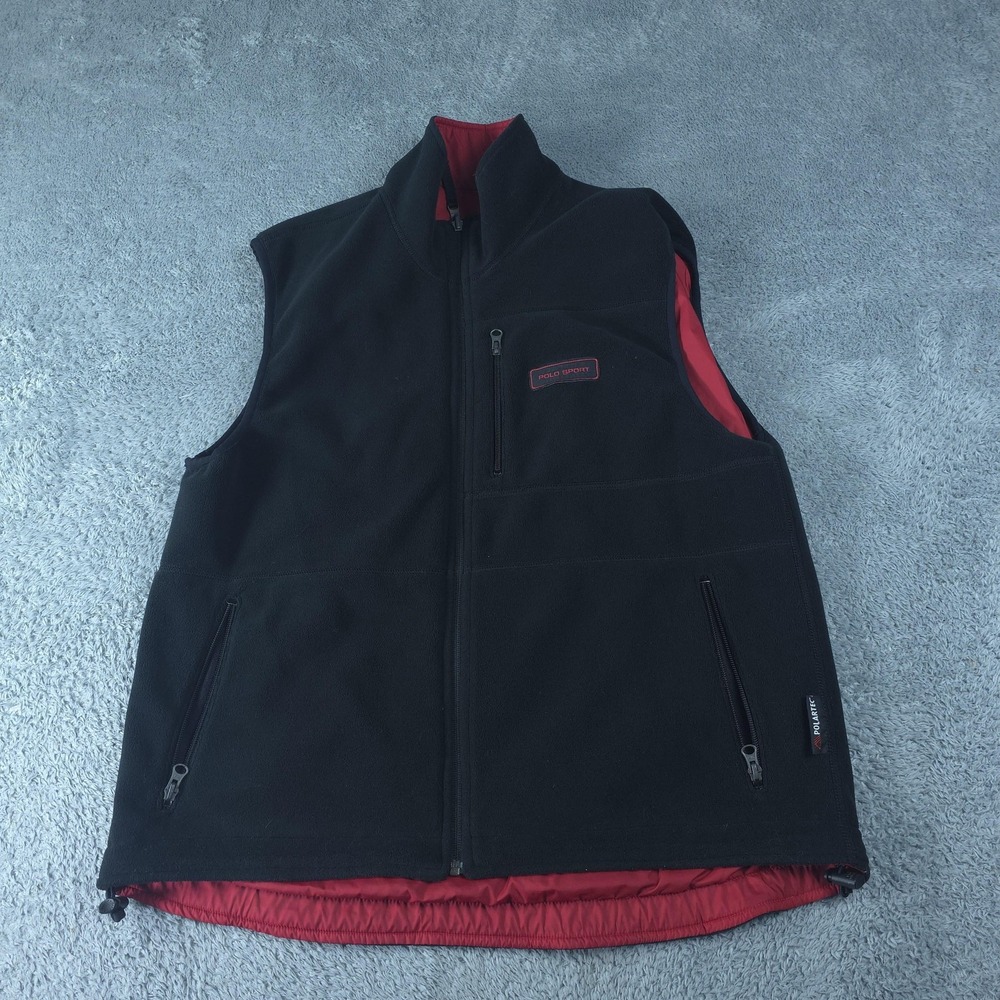 Polo Ralph Lauren Vest Mens Large Black Red Reversible Fleece Polartec Full Zip